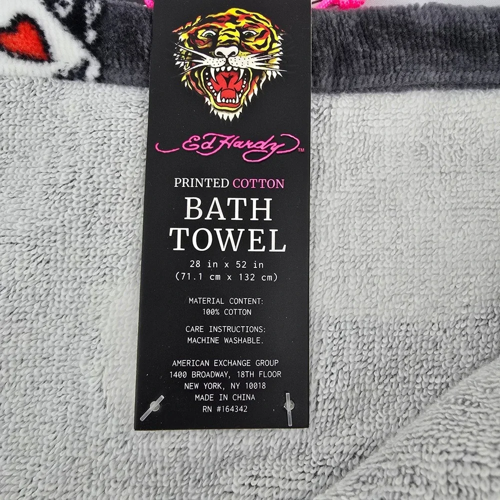 Ed Hardy Printed Cotton Bath Towel Gray Skull Playing Cards Dice Tattoo Art NEW